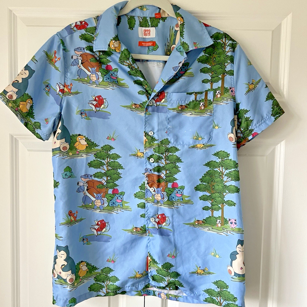 OppoSuits Pokémon Men's Short Sleeve Shirt Small Blue Forest Print Button Up - Picture 9 of 16